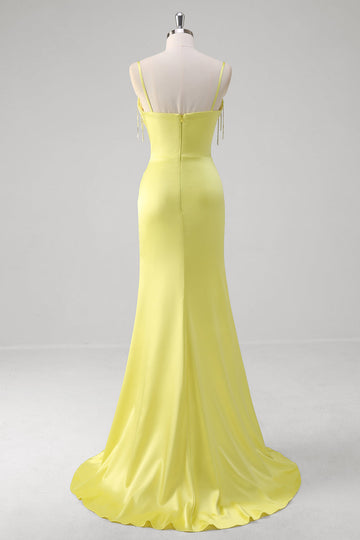 Giallo sirena corsetto spaghetti cinghie lungo abito da cerimonia con fessura